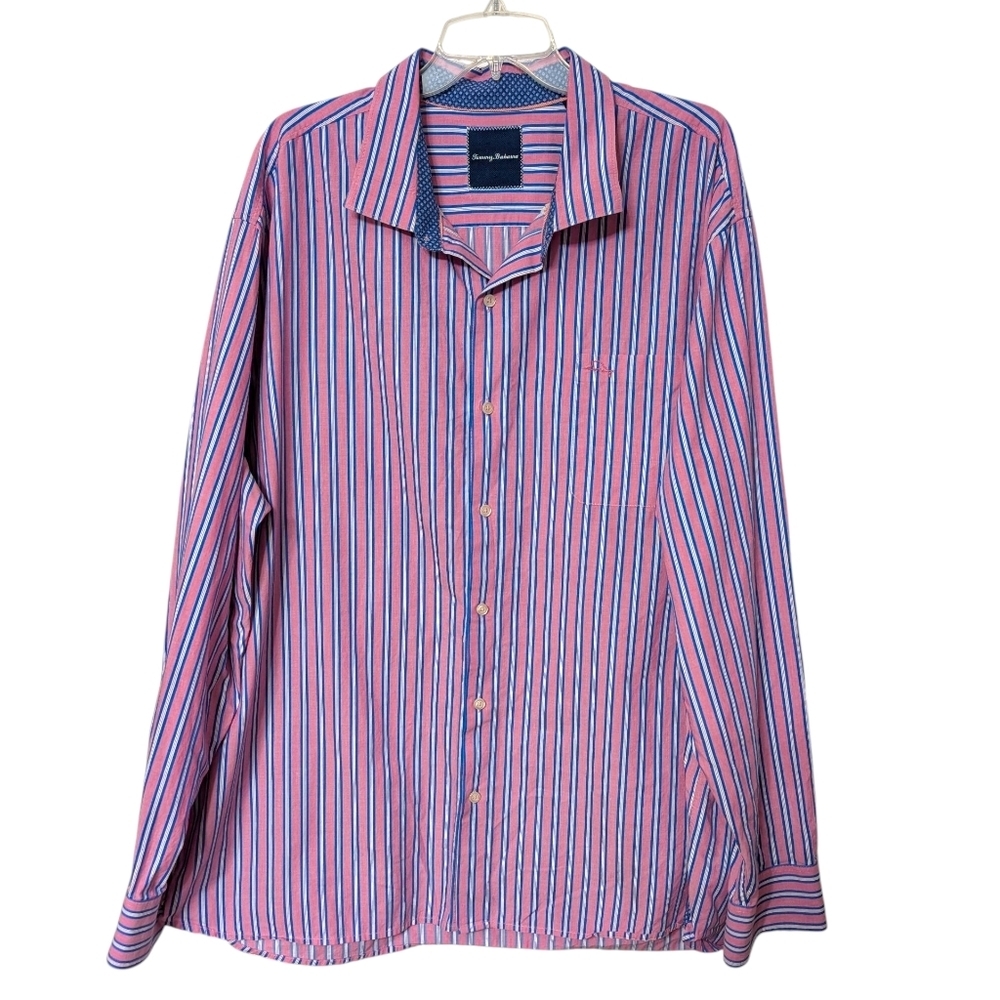 Tommy Bahama Men's Pima Cotton Casual Button Down Pink and Blue Stripes Size 3XL